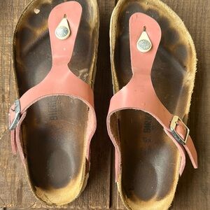 Birkenstock Pink Sandals with Metal Buckle and Contoured Footbed
